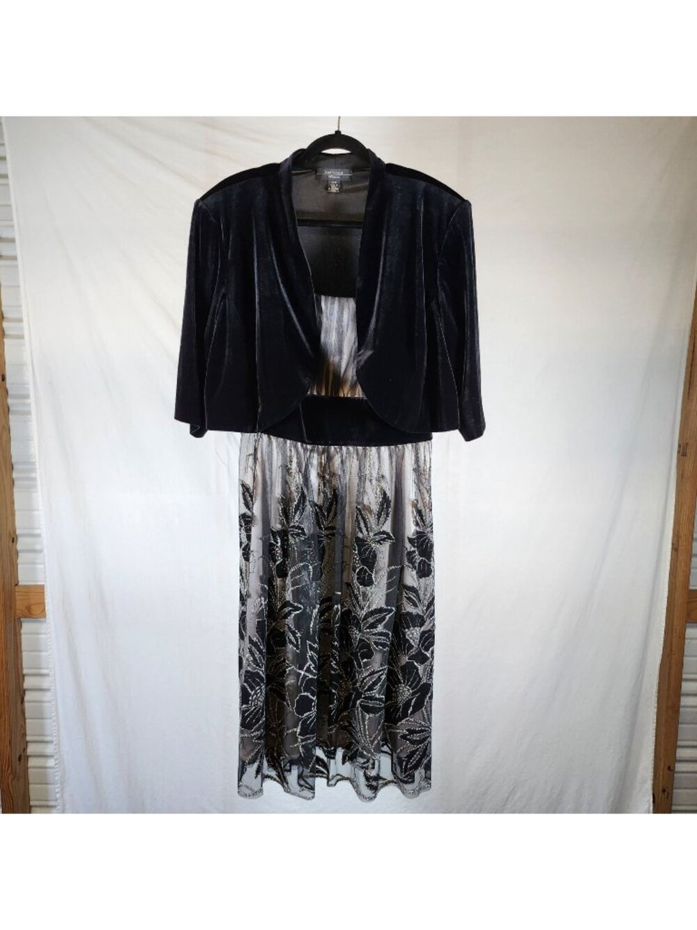 R&M Richards 2 Piece Babydoll Dress 20W Black Velvet Tulle Empire Waist Event